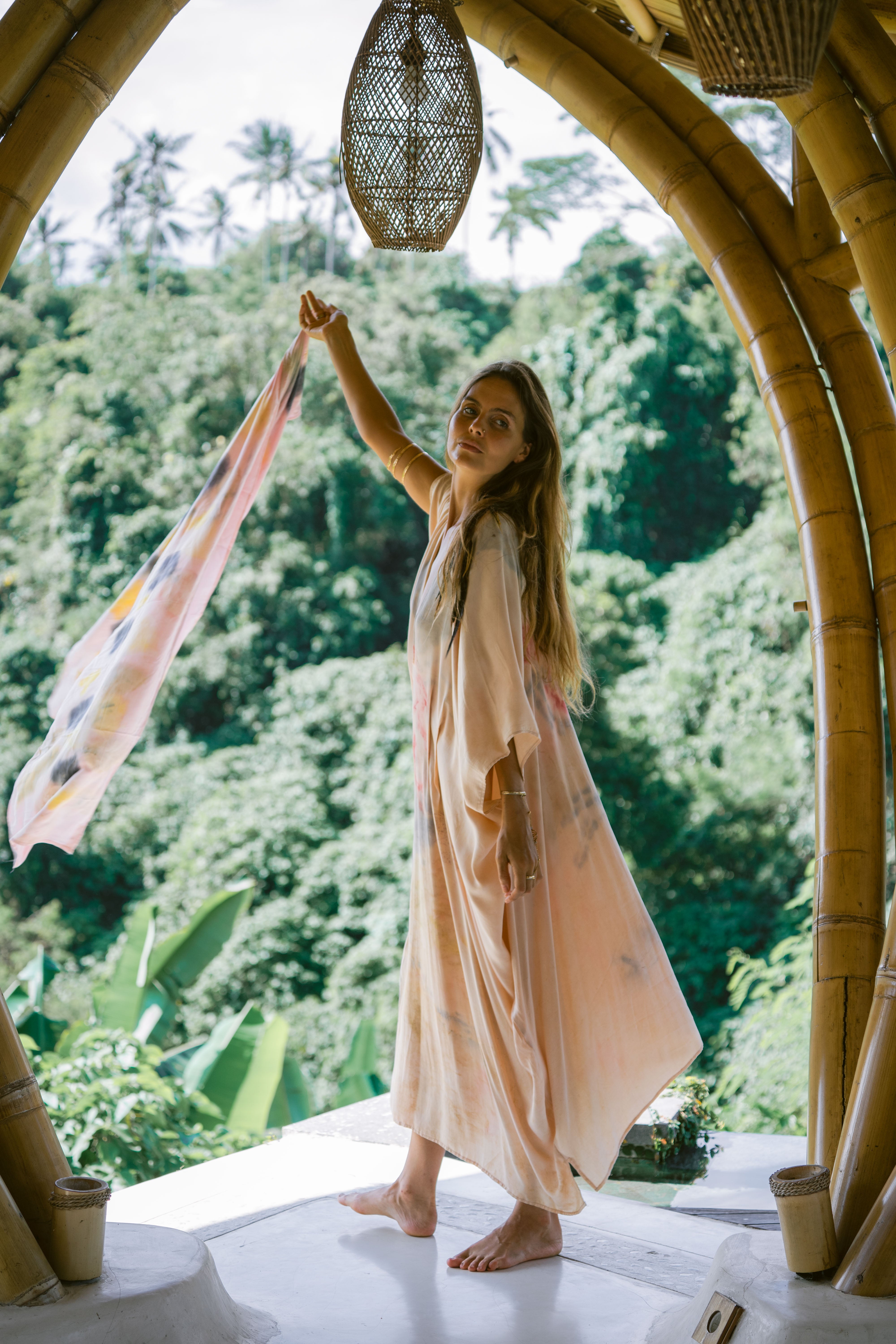 The Ratna Sari, White, Yellow, Pink, Blue & Green Leaves Organic Cotton Shawl